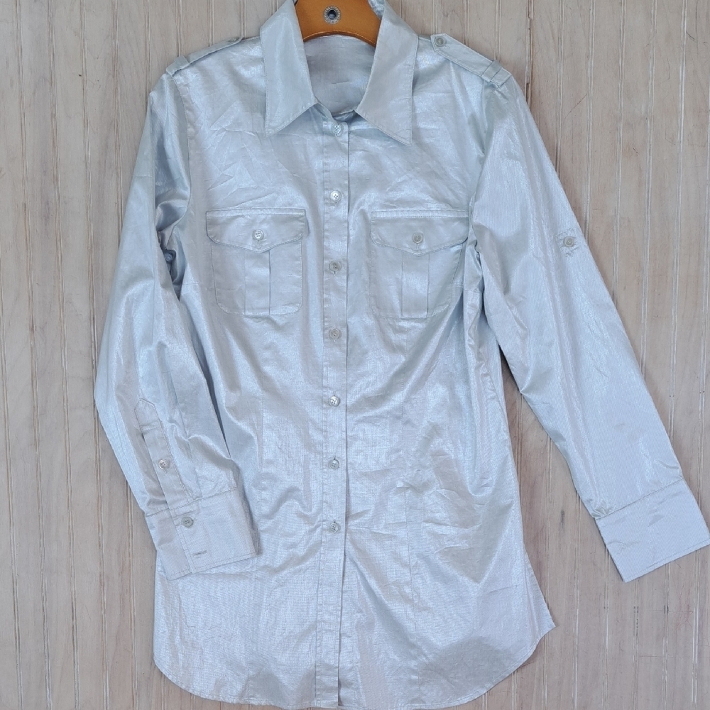 Luisa Cerano Silver Metallic Dressy Long Sleeve Utility Button Down Tunic Blouse